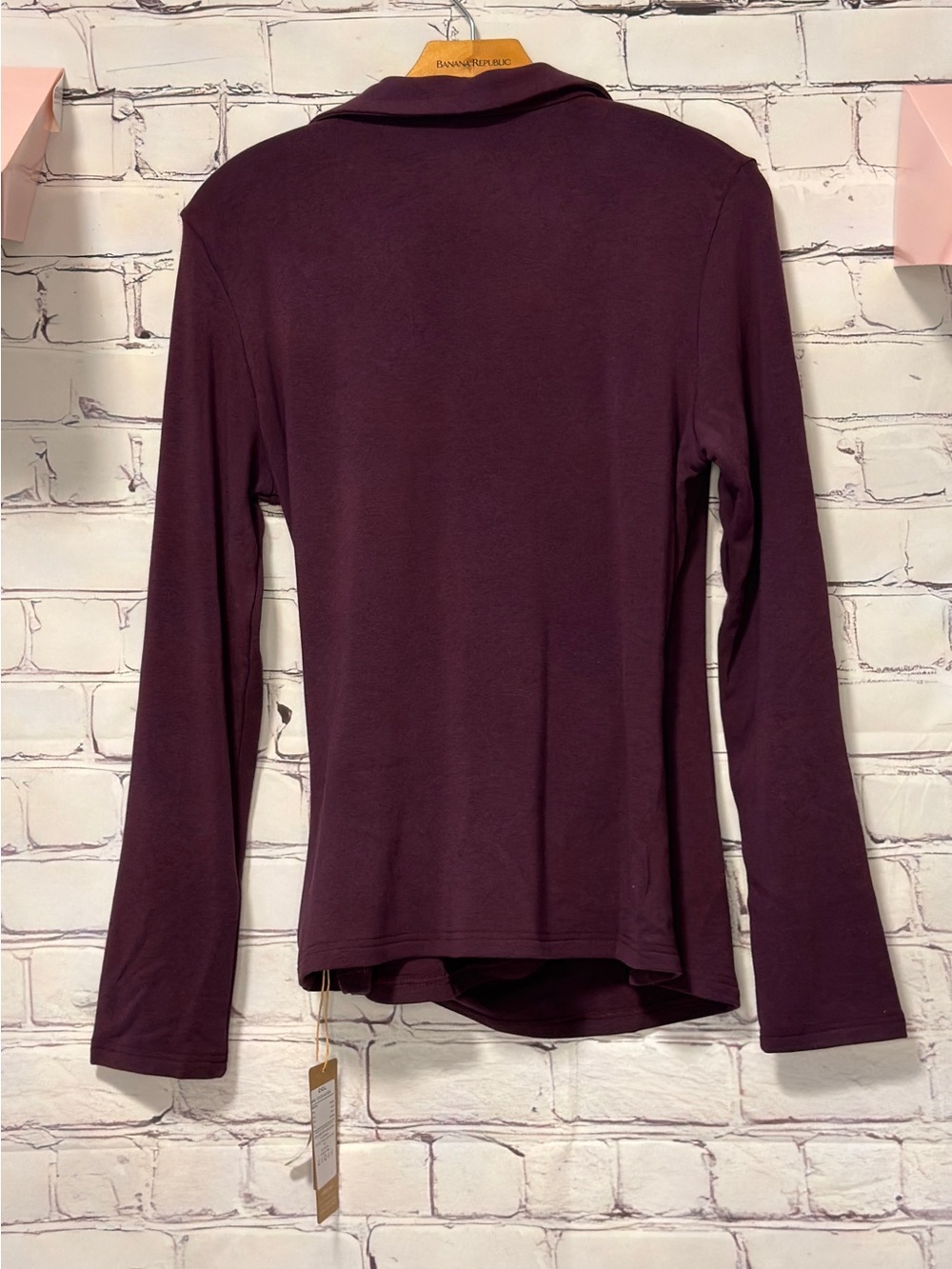 OGLmove Eco Mousse Collared Surplice Faux Wrap Ruched Waist Long Sleeve Dark Fig - Picture 4 of 11